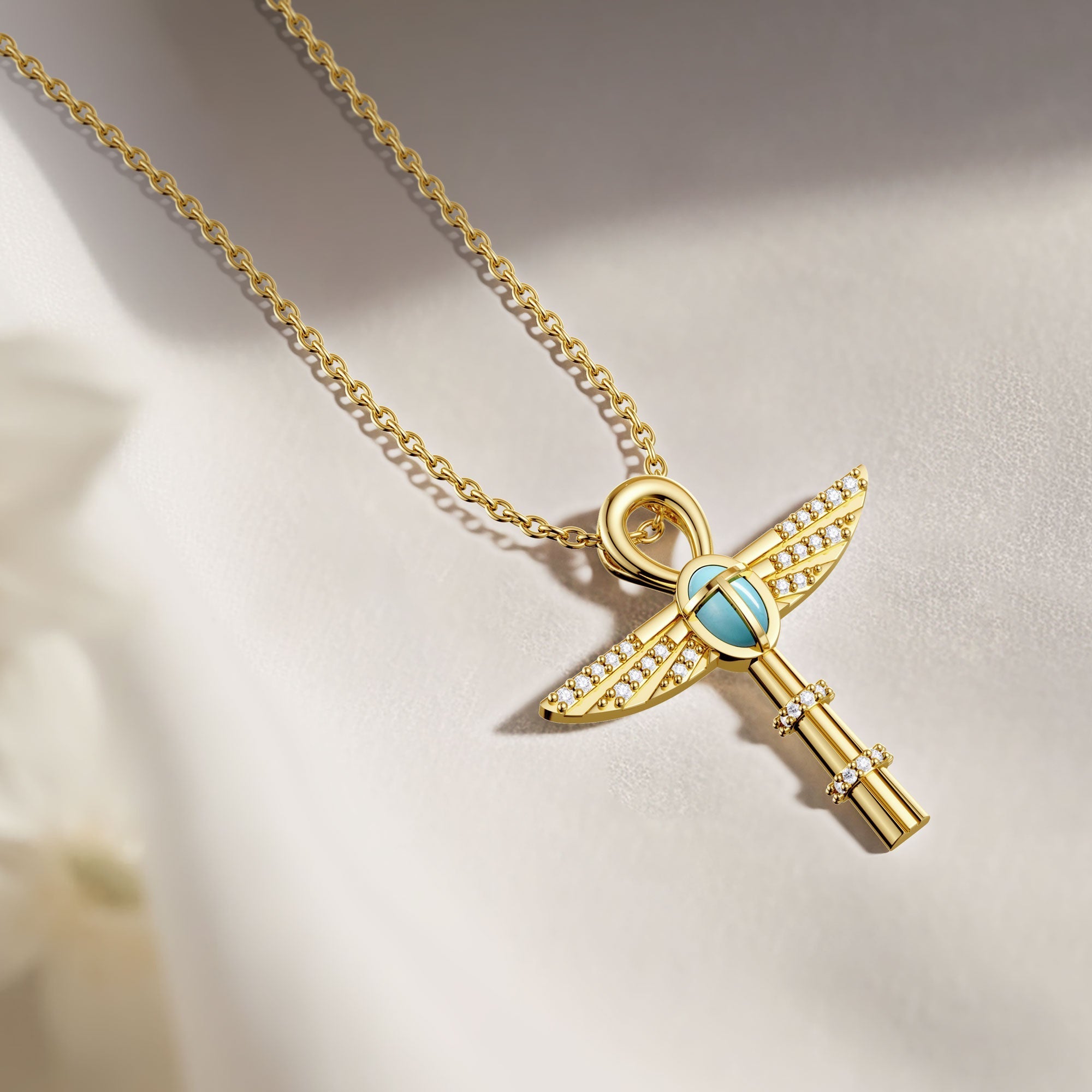 Eternal Guardian Ankh Scarab Turquoise Egyptian Scepter Protection Amulet Pendant Necklace