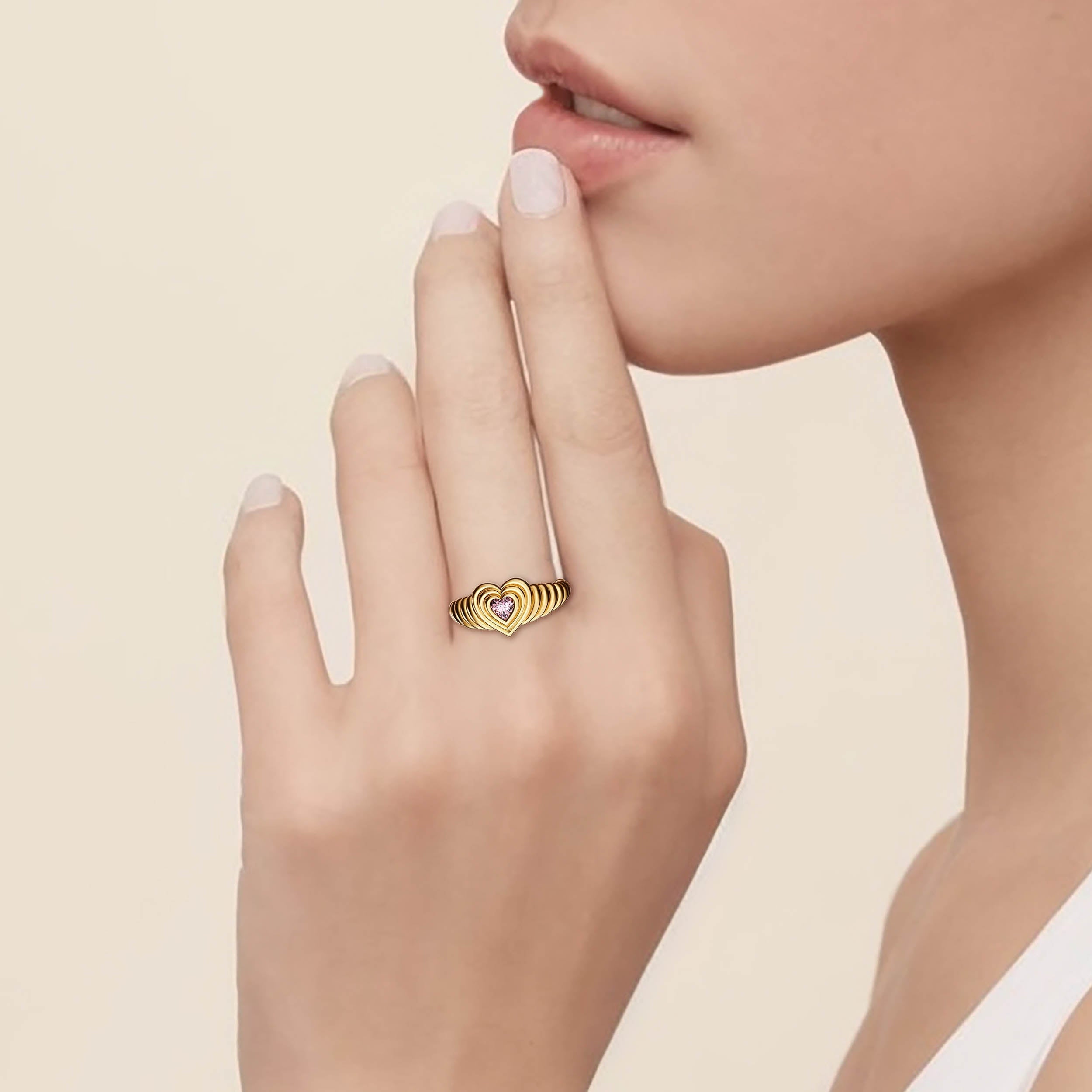 Timeless Enchanted Pink Heart Echo Wavy Pinky Signet Ring