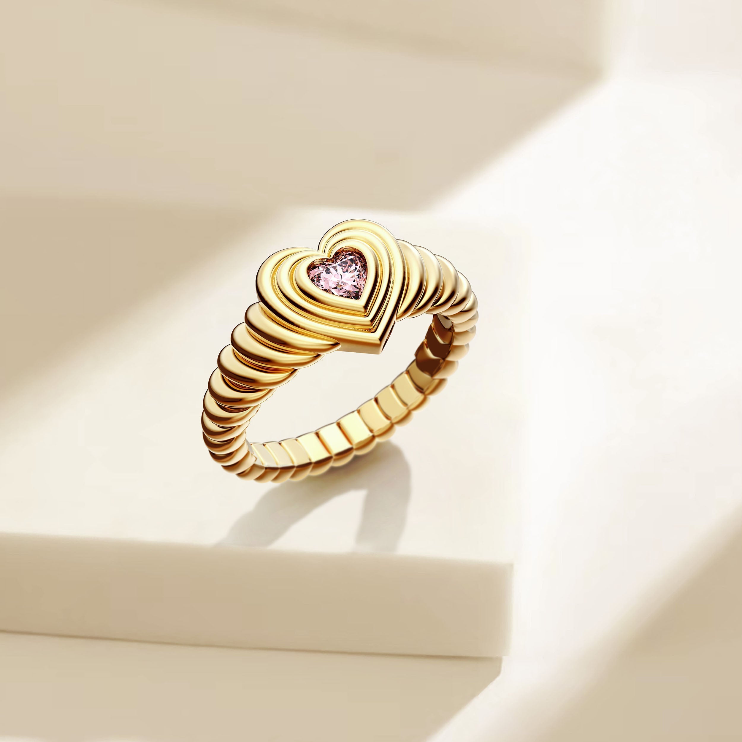 Timeless Enchanted Pink Heart Echo Wavy Pinky Signet Ring