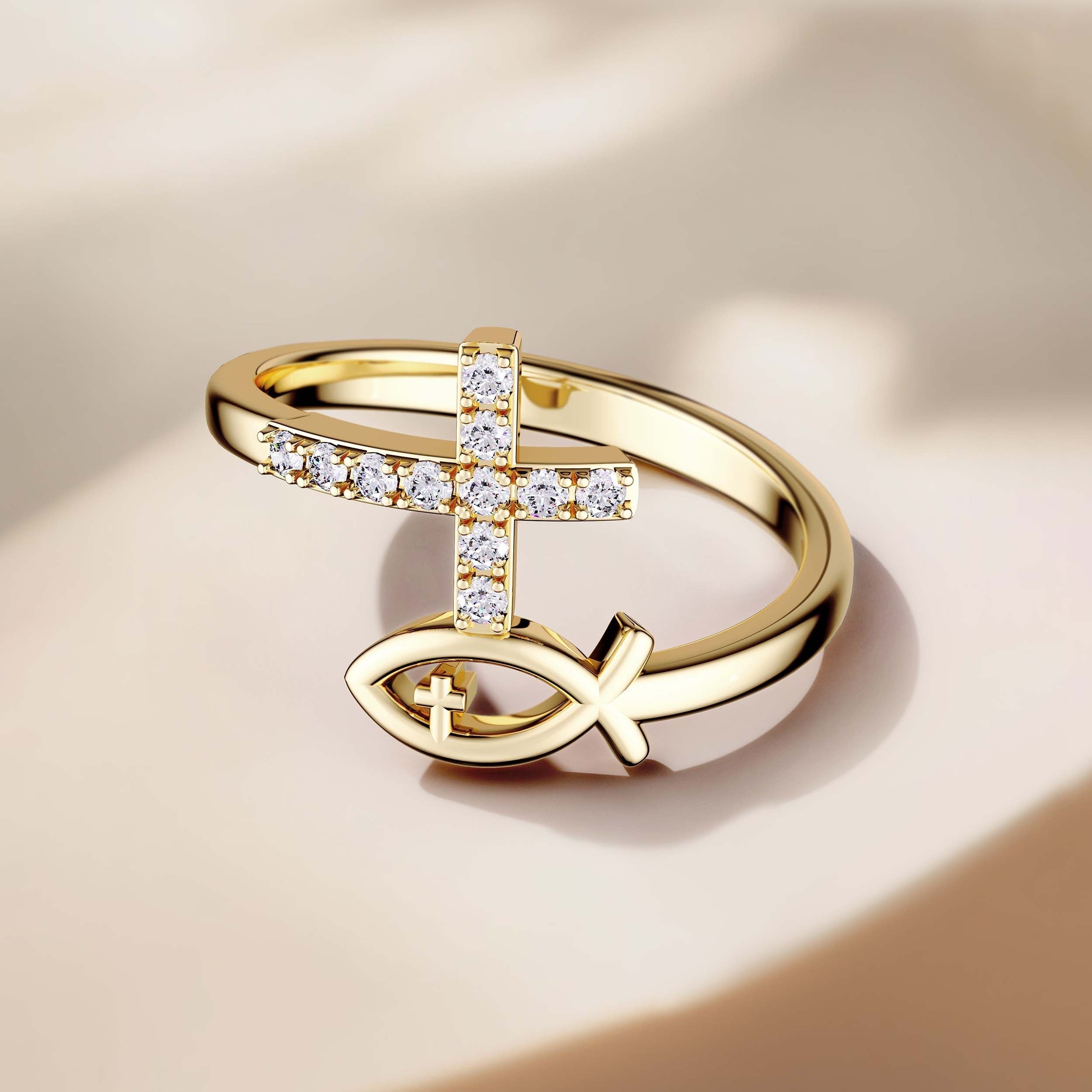 Customized Pray Jesus Fish And Cross Ring