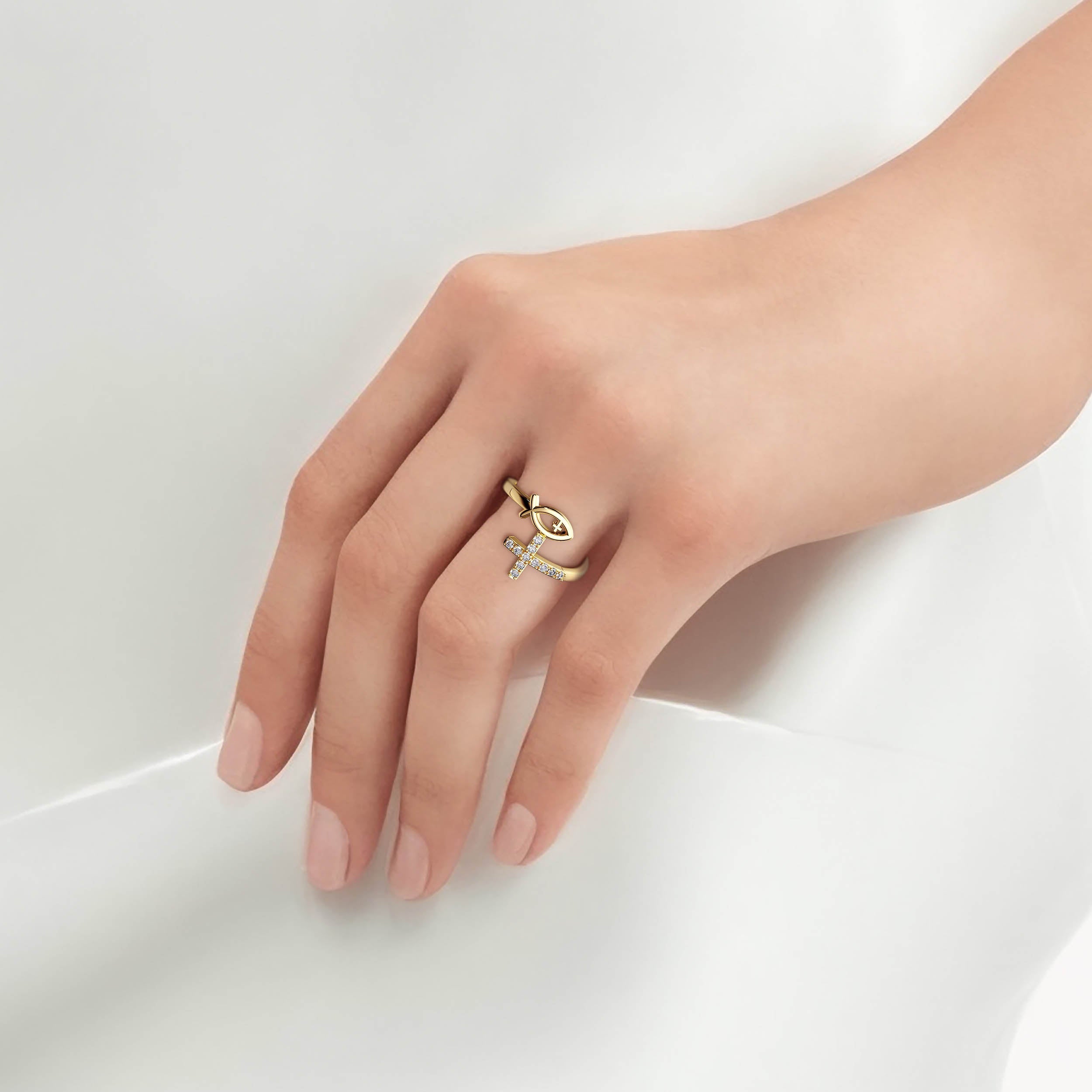 Customized Pray Jesus Fish And Cross Ring