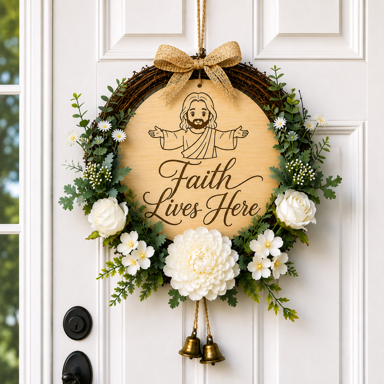 Faith Lives Here, Jesus Welcome Door Sign with Greenery Wreath – Farmhouse Front Door Decor for Indoor & Outdoor Home, Housewarming Gift with Bonus Damage-Free Hook