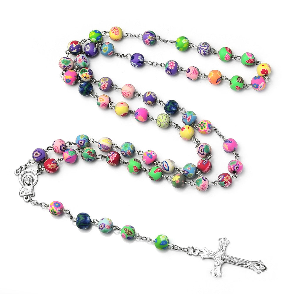 Colorful Floral Beaded Rosary Necklace with Crucifix – Catholic Prayer Necklace