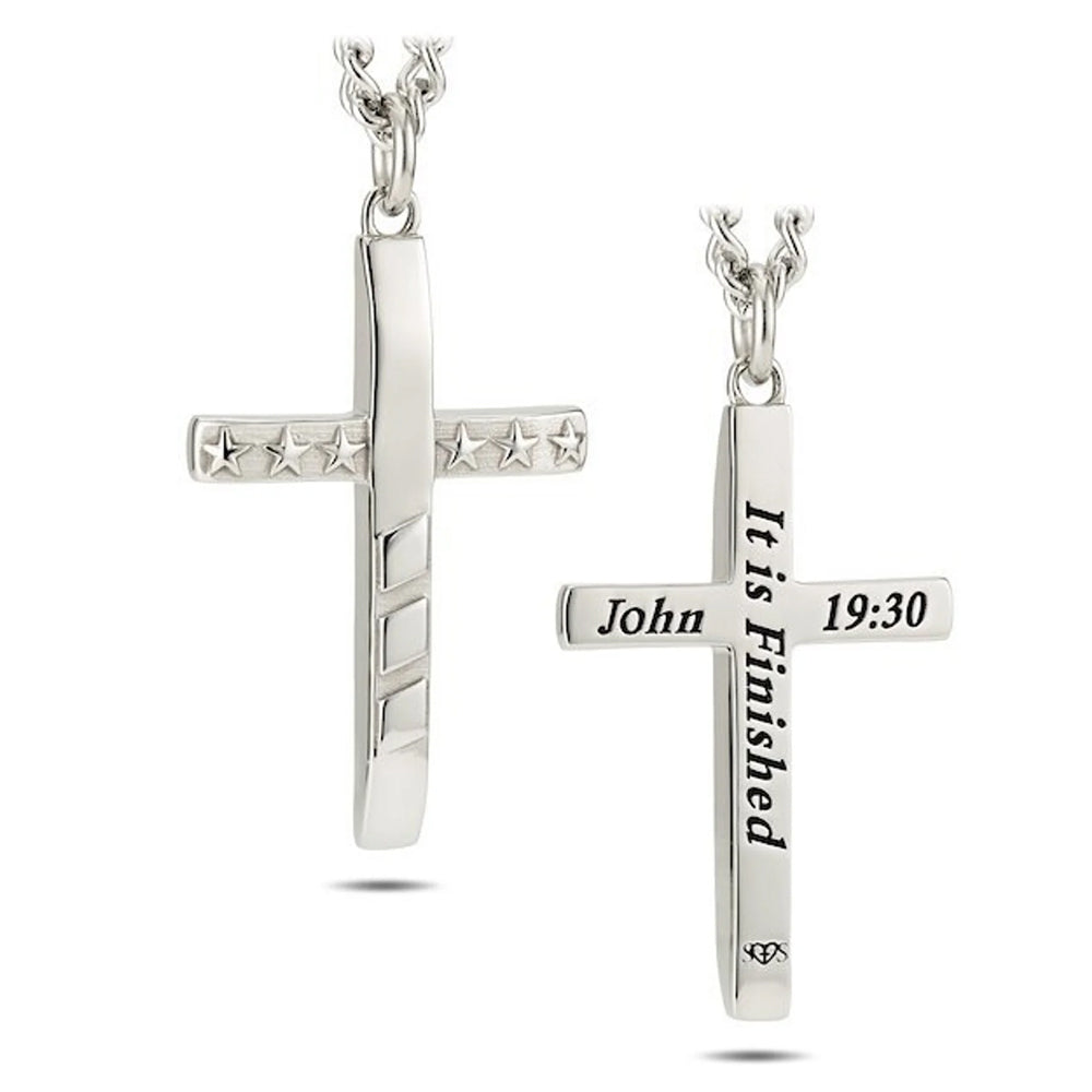 Men’s Stainless Steel Stars & Stripes Cross Necklace with John 19:30 Scripture