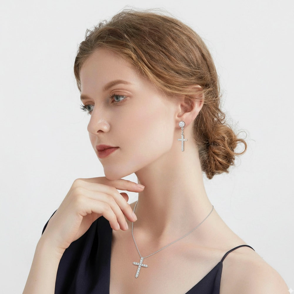 925 Sterling Silver Cross Drop Earrings with Moissanite Accents