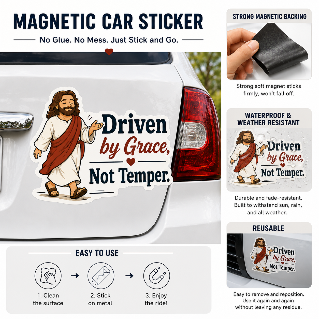 Following Jesus, Not Traffic. Adhesive-Free Magnetic Design, Suitable for Car Doors & Trunks