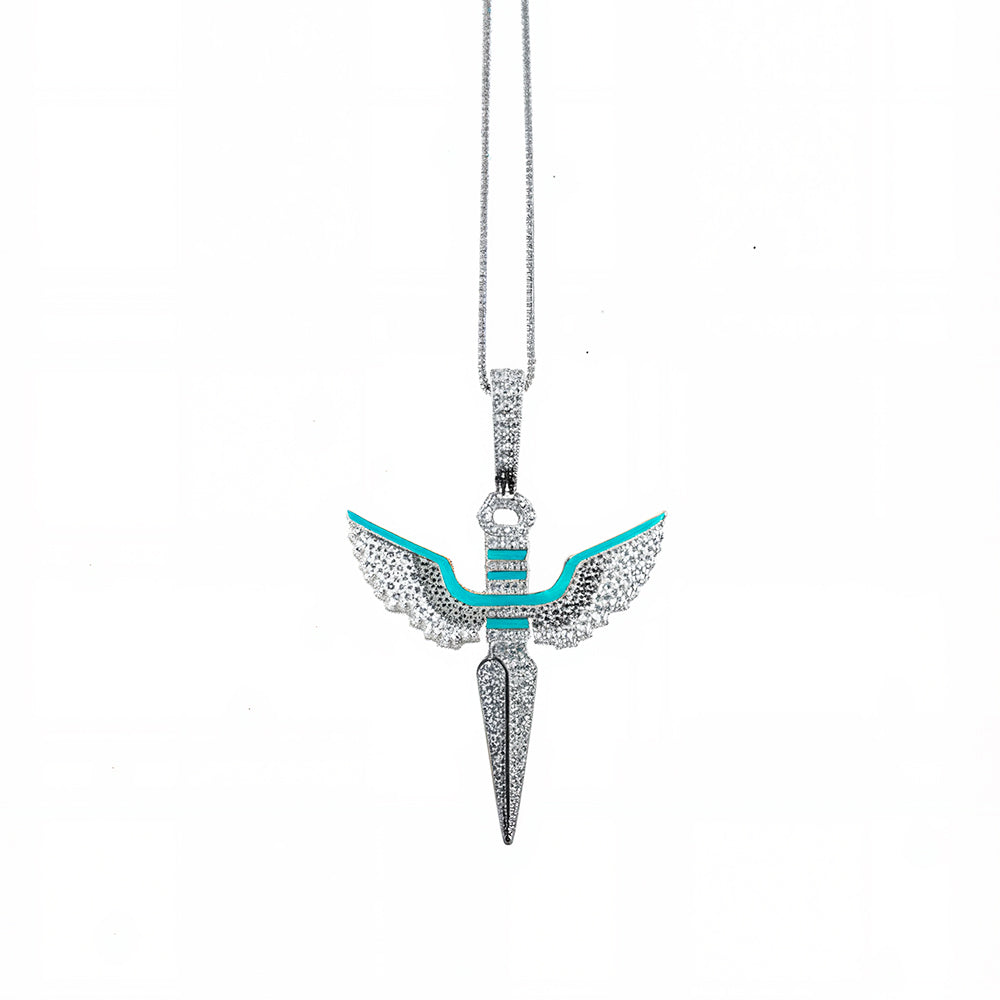 Sterling Silver Angel Wings Cross Pendant with Moissanite & Enamel Accents