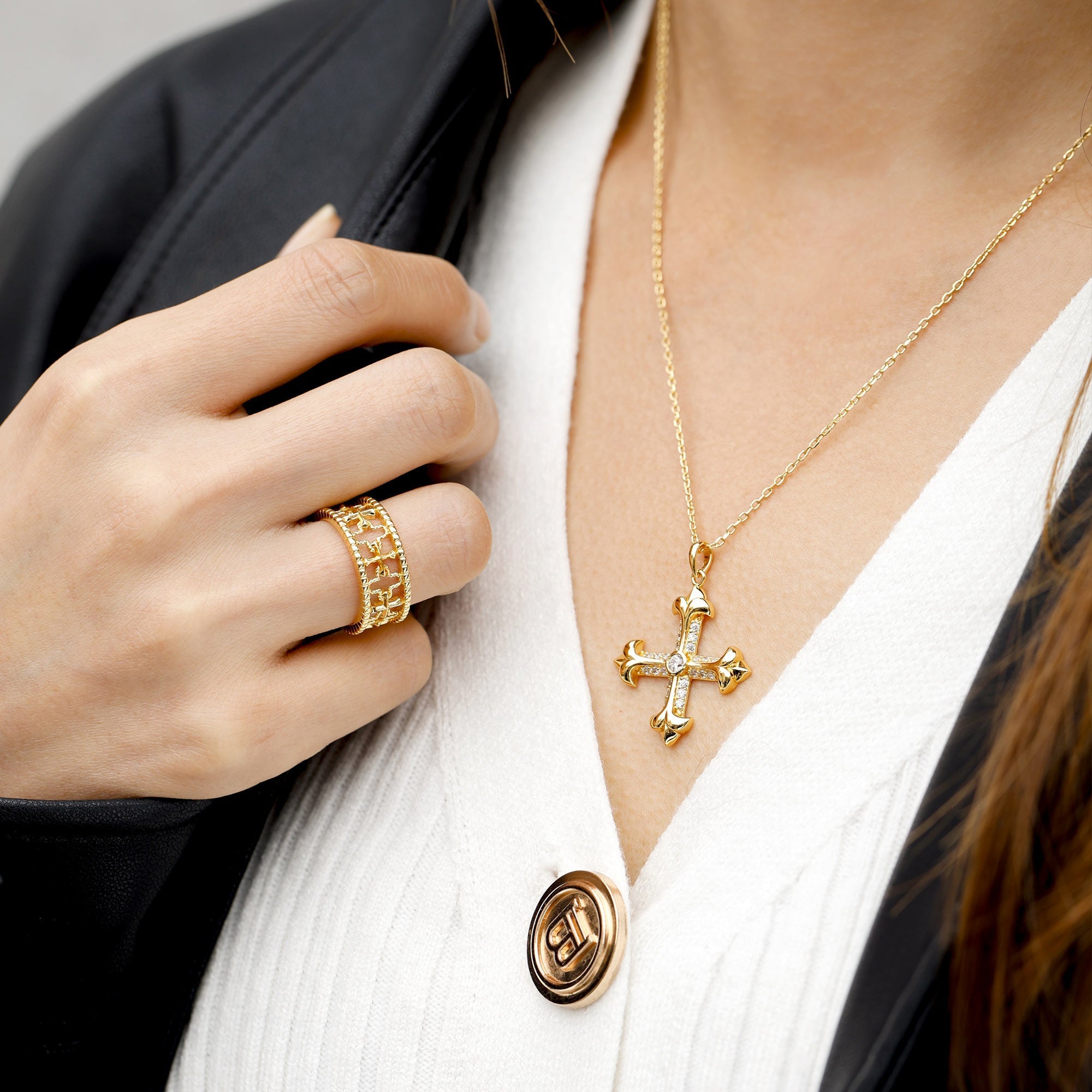 Cross and Four-Leaf Clover Statement Ring