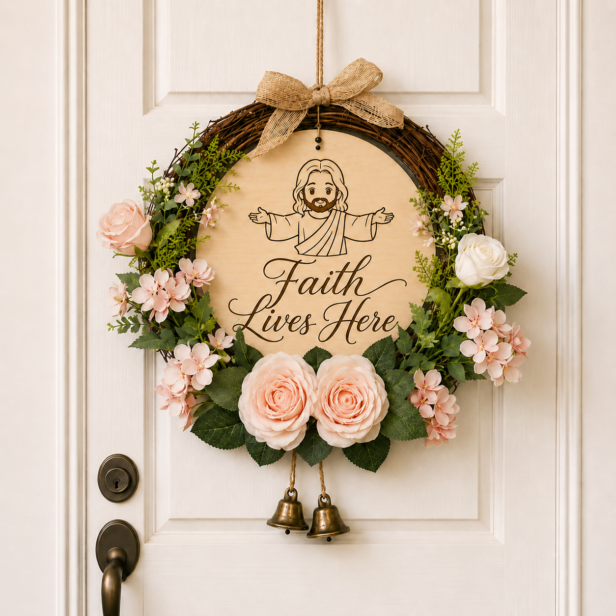 Faith Lives Here, Jesus Welcome Door Sign with Greenery Wreath – Farmhouse Front Door Decor for Indoor & Outdoor Home, Housewarming Gift with Bonus Damage-Free Hook