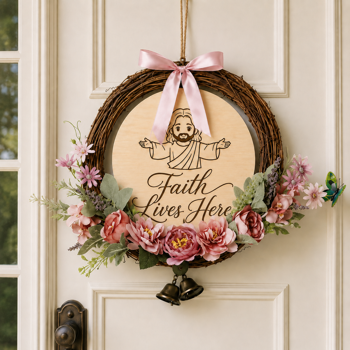 Faith Lives Here, Jesus Welcome Door Sign with Greenery Wreath – Farmhouse Front Door Decor for Indoor & Outdoor Home, Housewarming Gift with Bonus Damage-Free Hook