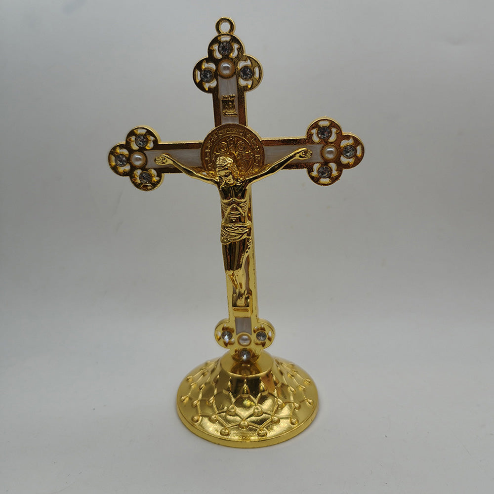 Gold Alloy Cross Ornament Stand with Rhinestones for Home, Office & Car Decor