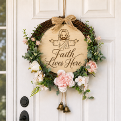 Faith Lives Here, Jesus Welcome Door Sign with Greenery Wreath – Farmhouse Front Door Decor for Indoor & Outdoor Home, Housewarming Gift with Bonus Damage-Free Hook