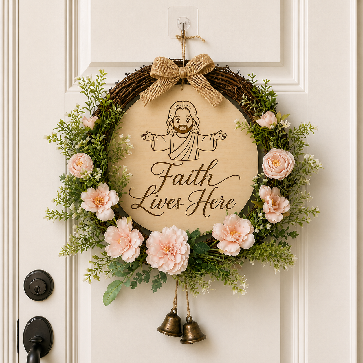 Faith Lives Here, Jesus Welcome Door Sign with Greenery Wreath – Farmhouse Front Door Decor for Indoor & Outdoor Home, Housewarming Gift with Bonus Damage-Free Hook