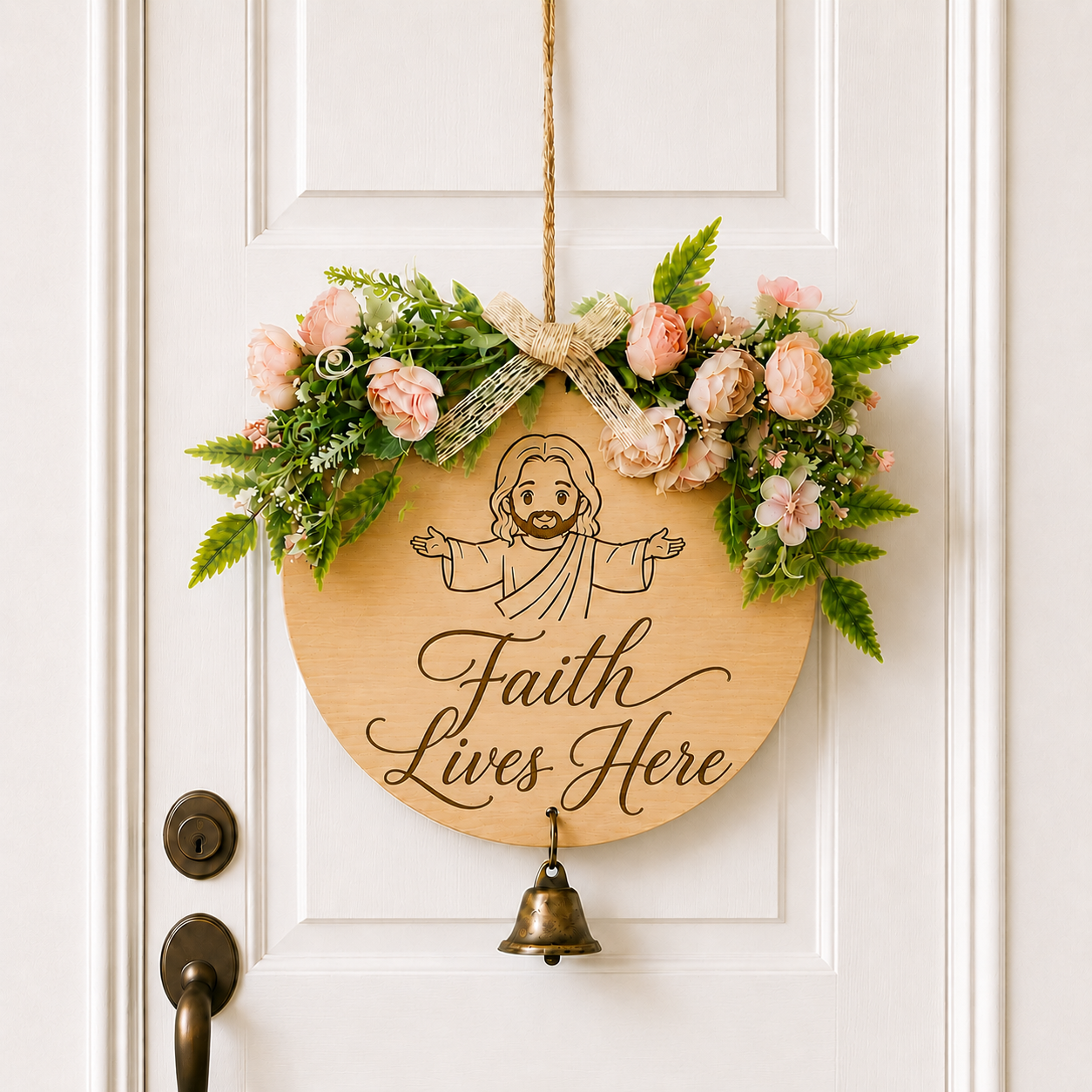 Faith Lives Here, Jesus Welcome Door Sign with Greenery Wreath – Farmhouse Front Door Decor for Indoor & Outdoor Home, Housewarming Gift with Bonus Damage-Free Hook