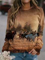 Women's Plus Size Horse Print Sweatshirt, Soft Long Sleeve Round Neck, Cozy Autumn/Winter Essential