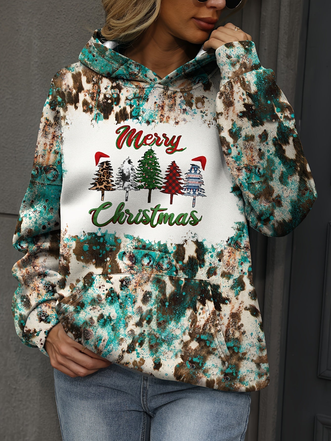 Women's Autumn Winter Hooded Lounge Top – Christmas Tree & Slogan Print, Casual Long Sleeve Pullover