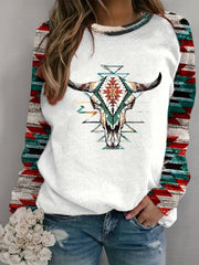 Women's Aztec & Cow Skull Print Raglan Crew Neck Sweatshirt – Soft, Cozy Essential for Fall & Winter