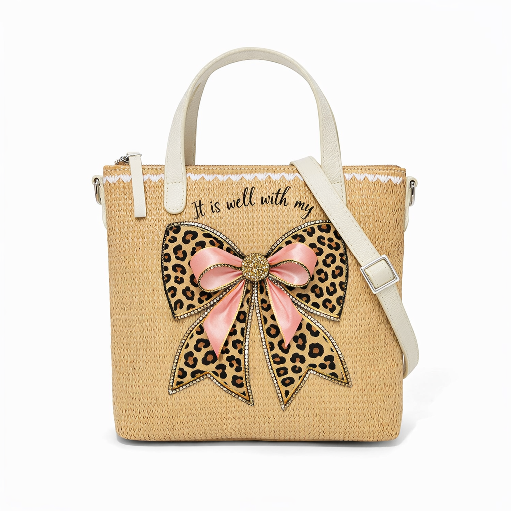 It Is Well With My Soul Bow Print Christian Faith Straw Crossbody Tote Bag