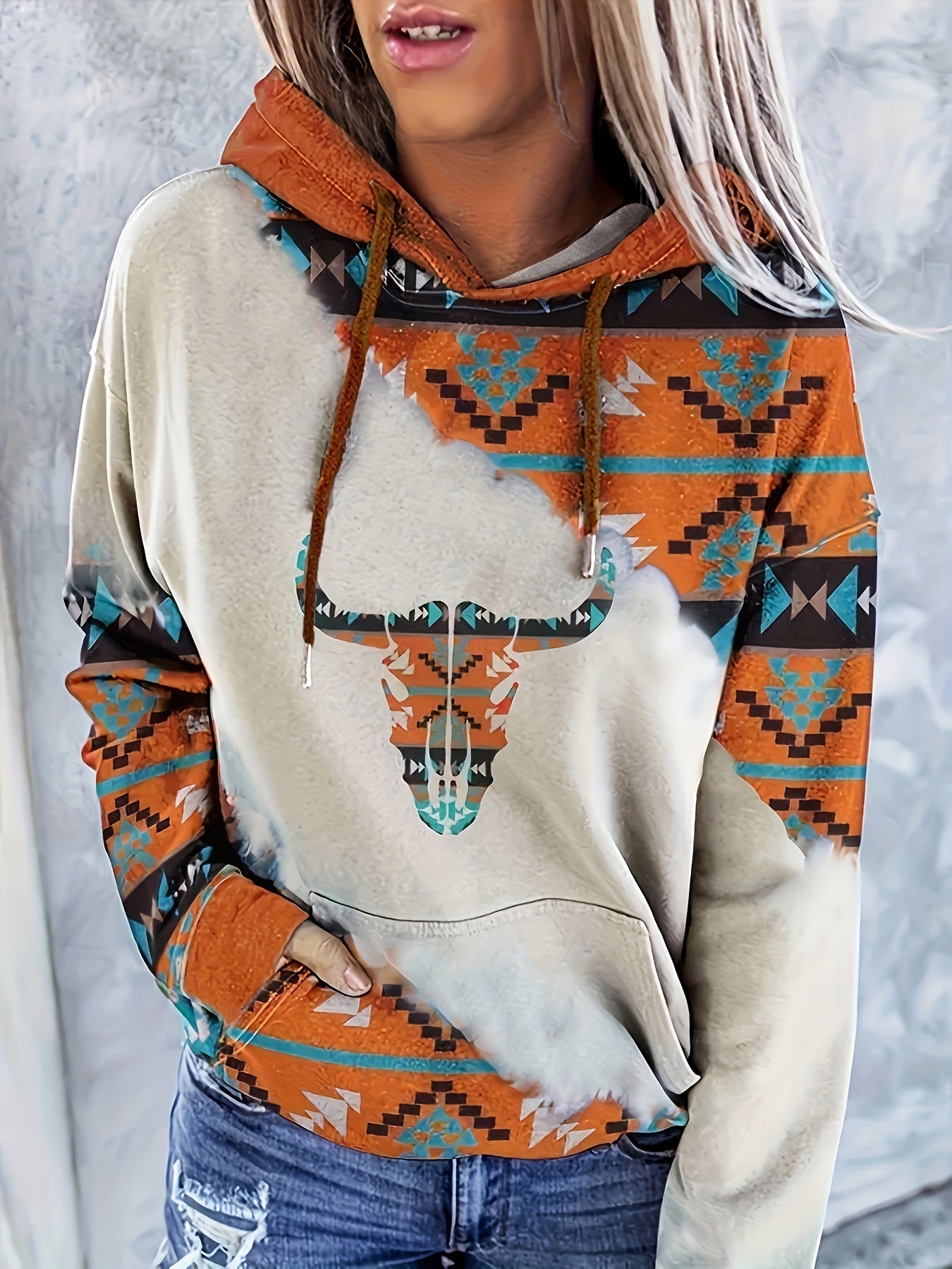 Women's Western Ethnic Print Hoodie with Kangaroo Pocket, Long Sleeve & Drawstring – Soft, Relaxed Fit for Daily Wear