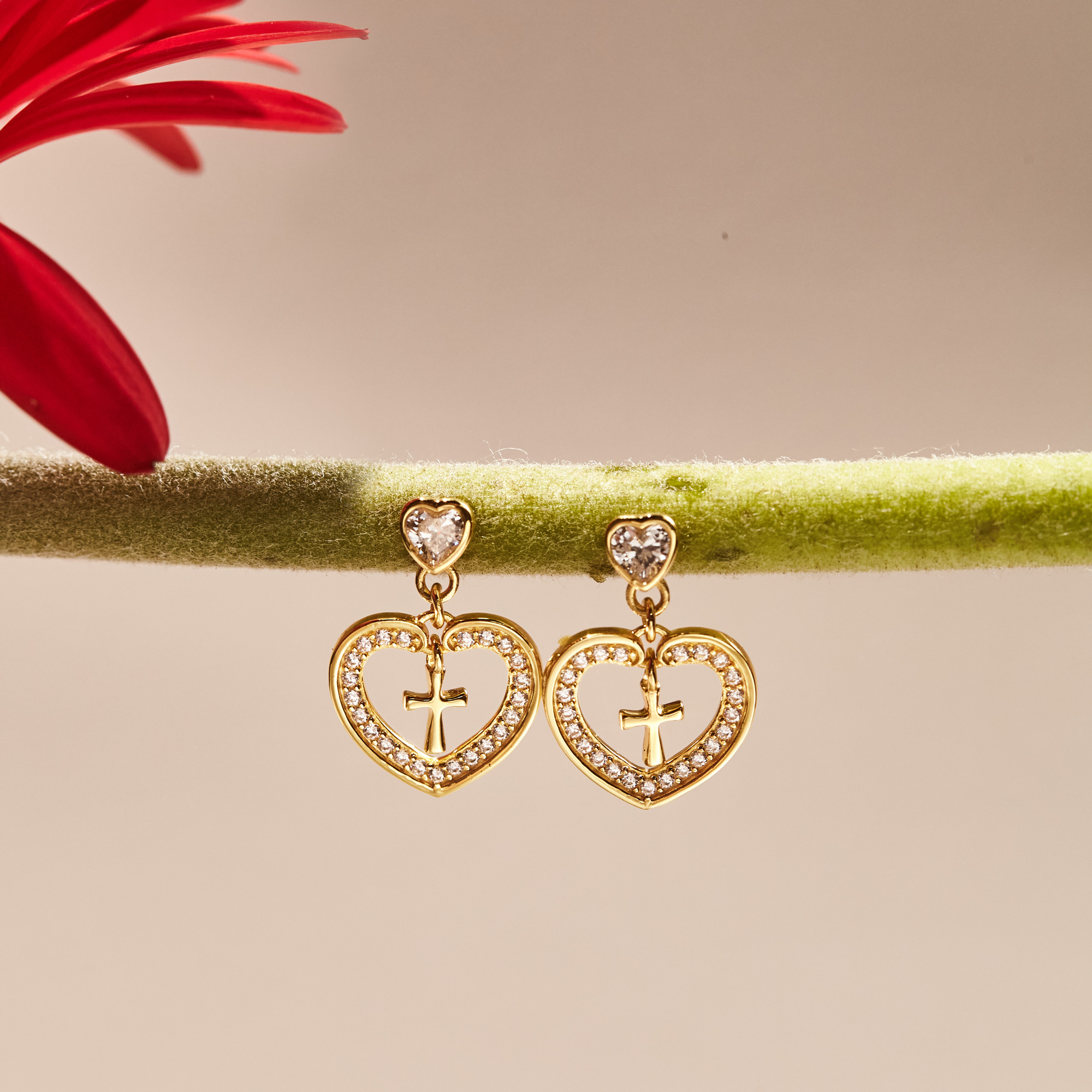 Divine Love Dangling Cross Heart Bezel Earrings