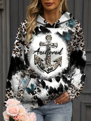 Women's Anchor & Leopard Print Hoodie with Kangaroo Pocket and Long Sleeves