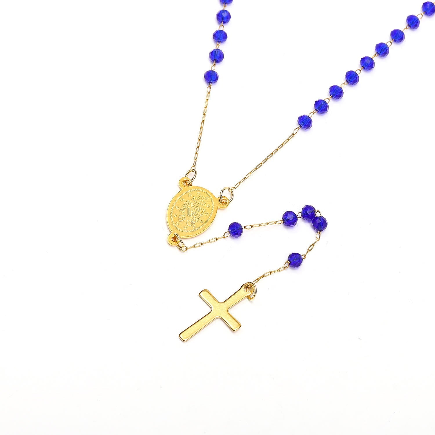 Virgin Mary Medal & Cross Pendant Glass Beads Necklace