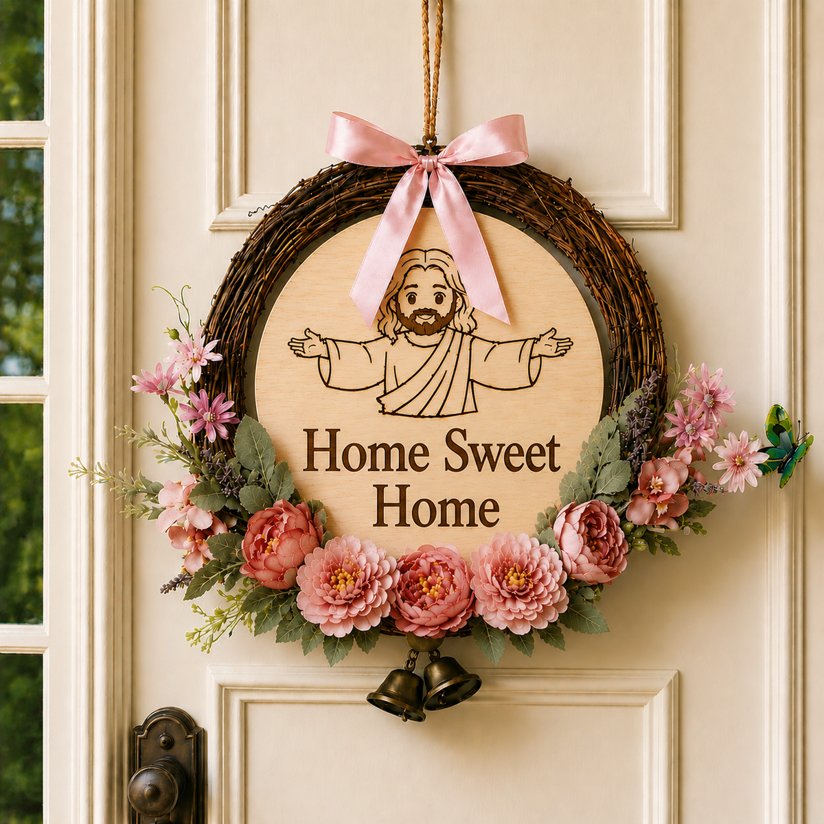 Home Sweet Home, Jesus Welcome Door Sign with Greenery Wreath – Farmhouse Front Door Decor for Indoor & Outdoor Home, Housewarming Gift with Bonus Damage-Free Hook