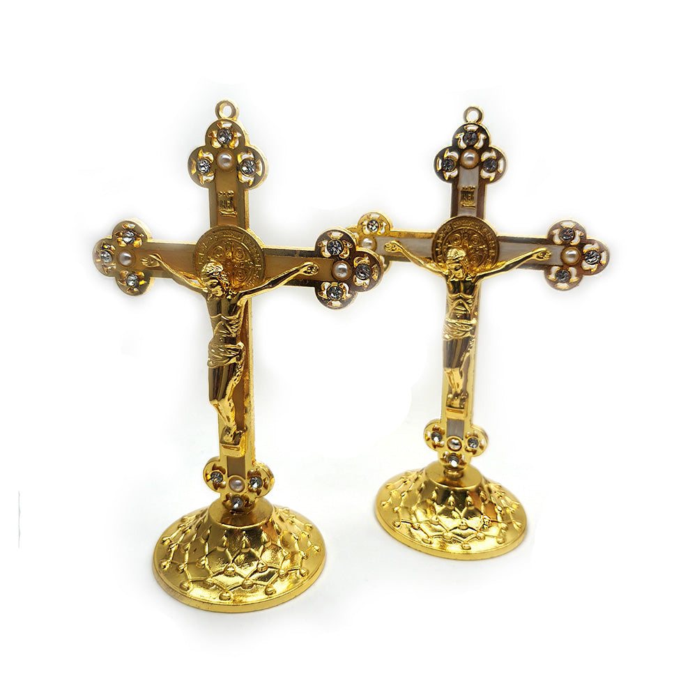 Gold Alloy Cross Ornament Stand with Rhinestones for Home, Office & Car Decor