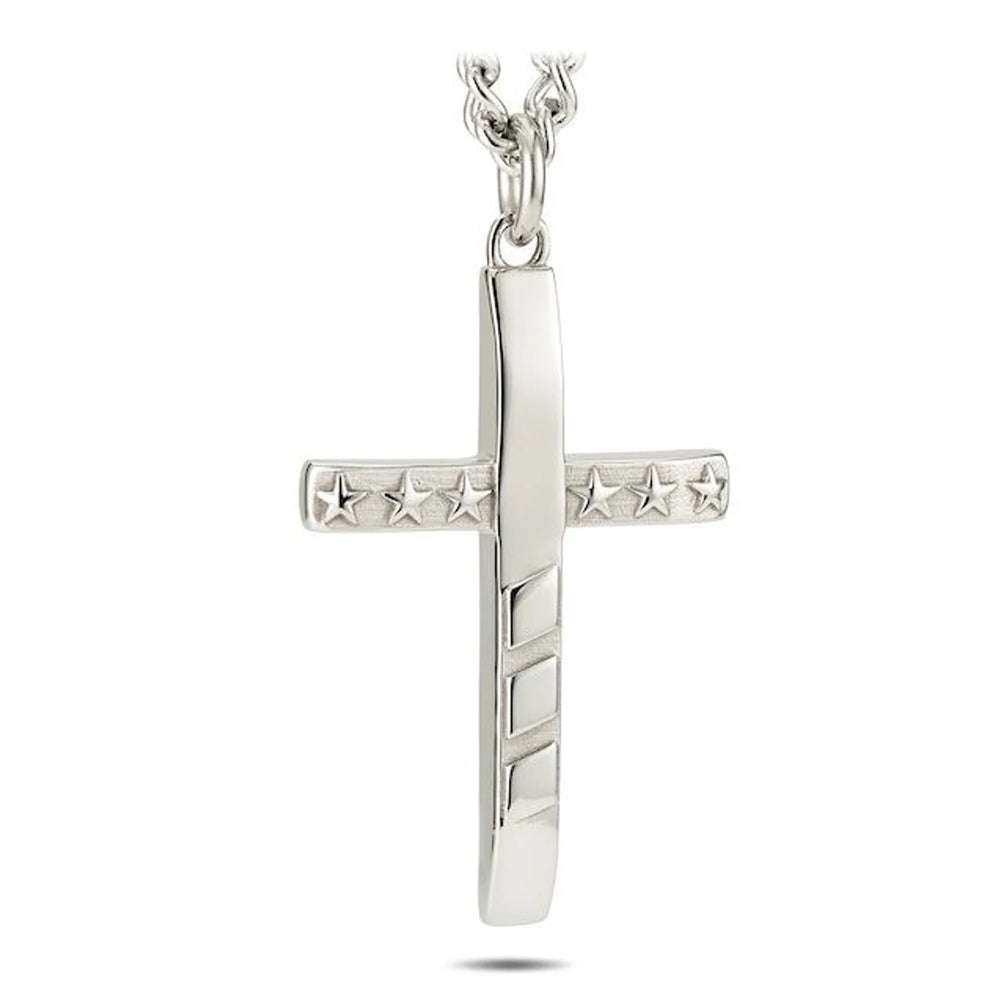 Men’s Stainless Steel Stars & Stripes Cross Necklace with John 19:30 Scripture