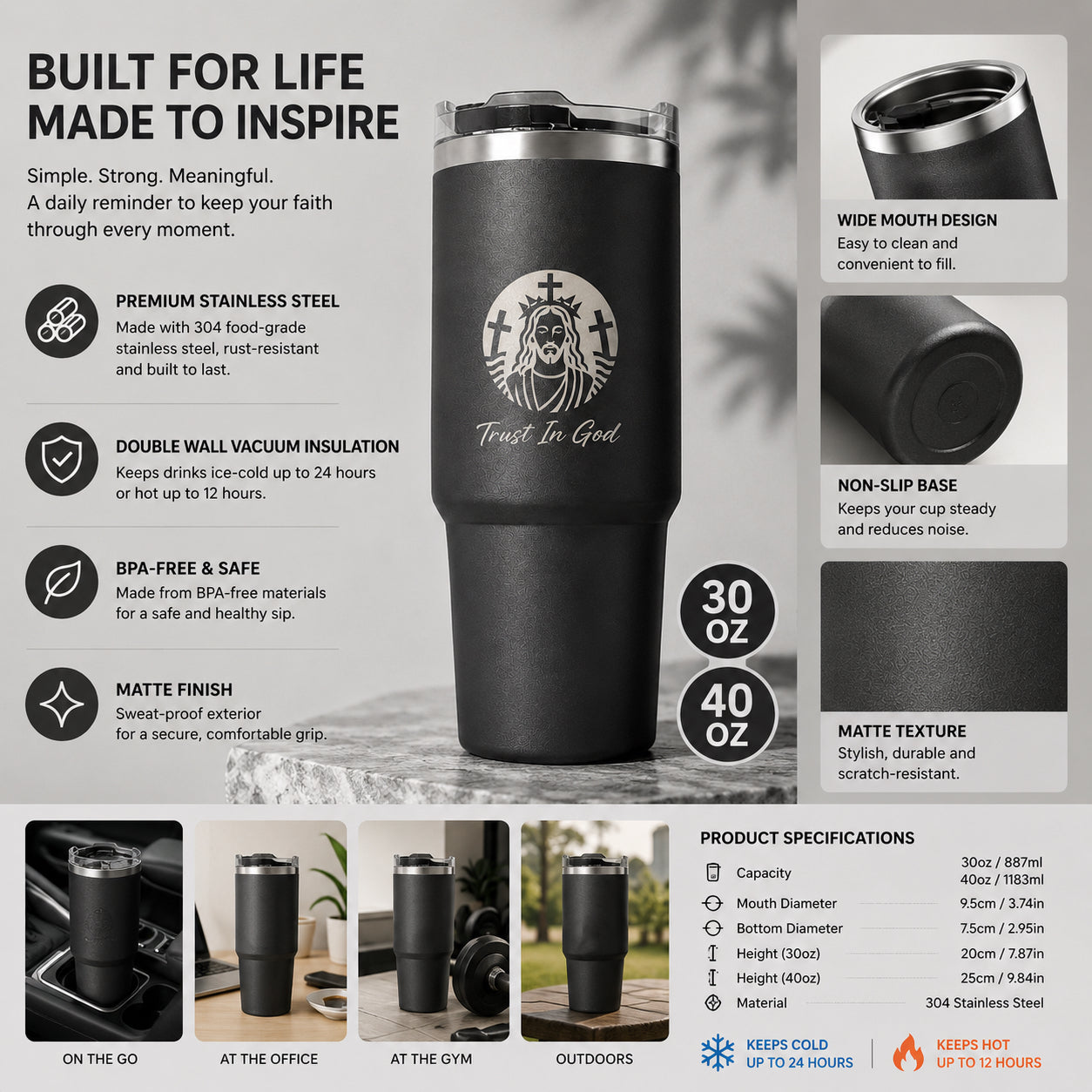 Trust In God Stainless Steel Tumbler – 30 / 40 oz Vacuum Insulated Cup, Keeps Drinks Hot & Cold 8–12 Hours