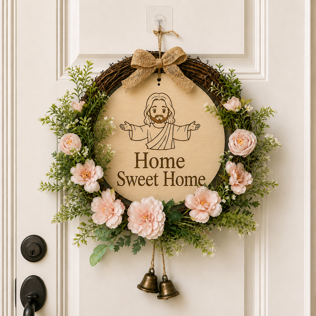 Home Sweet Home, Jesus Welcome Door Sign with Greenery Wreath – Farmhouse Front Door Decor for Indoor & Outdoor Home, Housewarming Gift with Bonus Damage-Free Hook