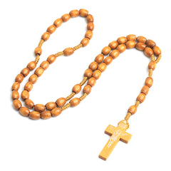 Wooden Catholic Rosary Necklace with Engraved Crucifix