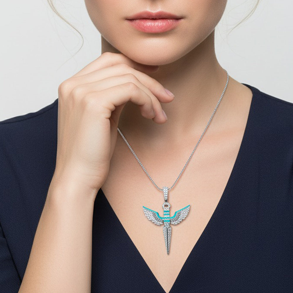 Sterling Silver Angel Wings Cross Pendant with Moissanite & Enamel Accents