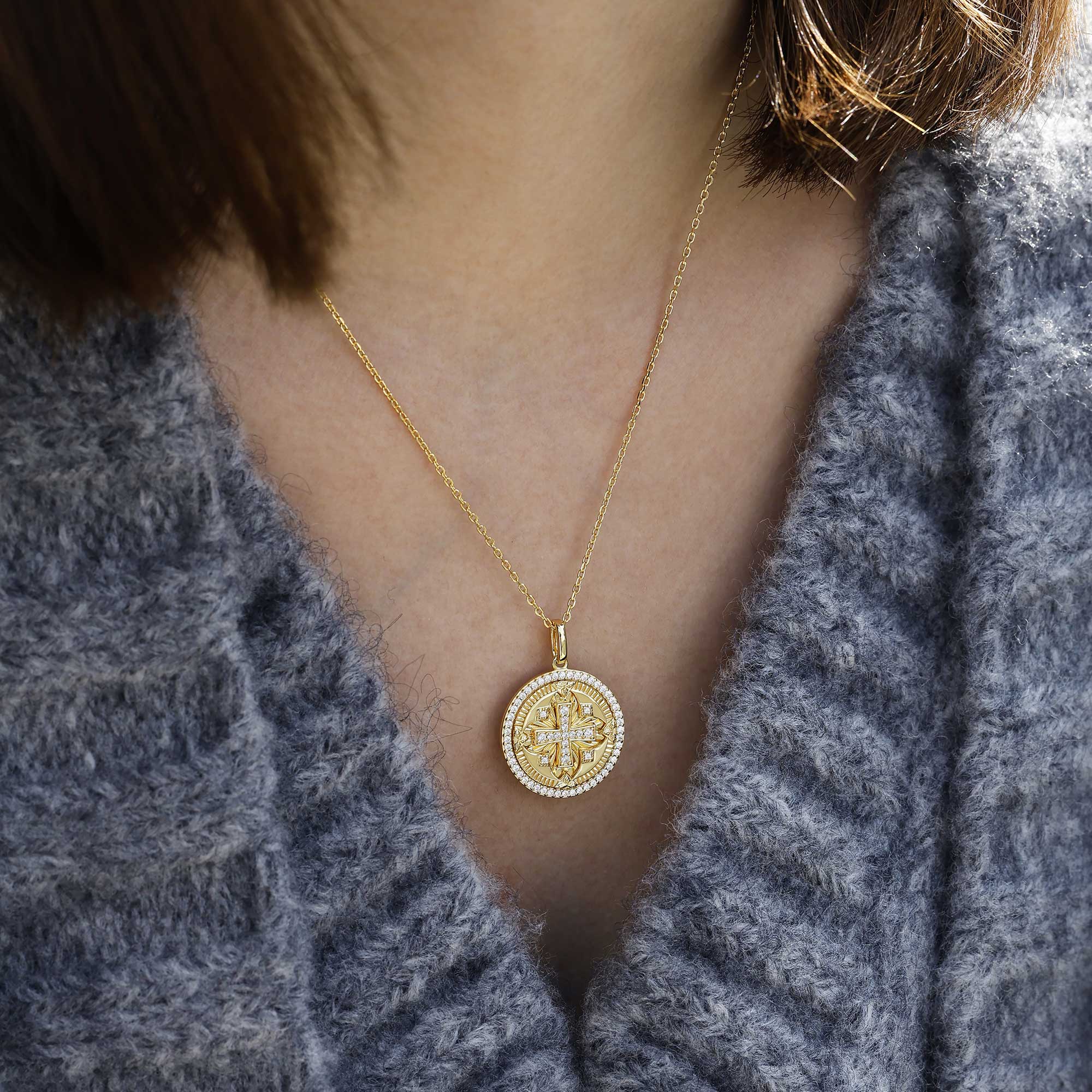 Divine Radiance Cross Protection Prayer Medallion Pendant Necklace - Gold Vermeil
