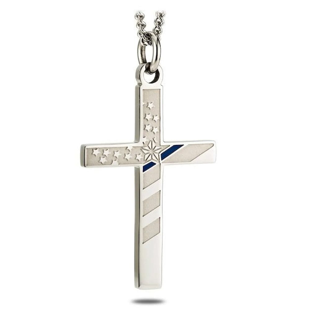 Patriotic Thin Blue Line Cross Necklace – Faith & Protection