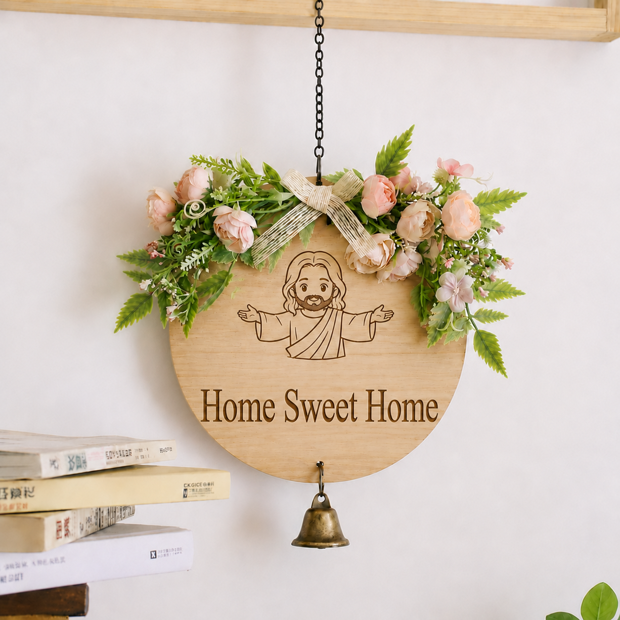 Home Sweet Home, Jesus Welcome Door Sign with Greenery Wreath – Farmhouse Front Door Decor for Indoor & Outdoor Home, Housewarming Gift with Bonus Damage-Free Hook