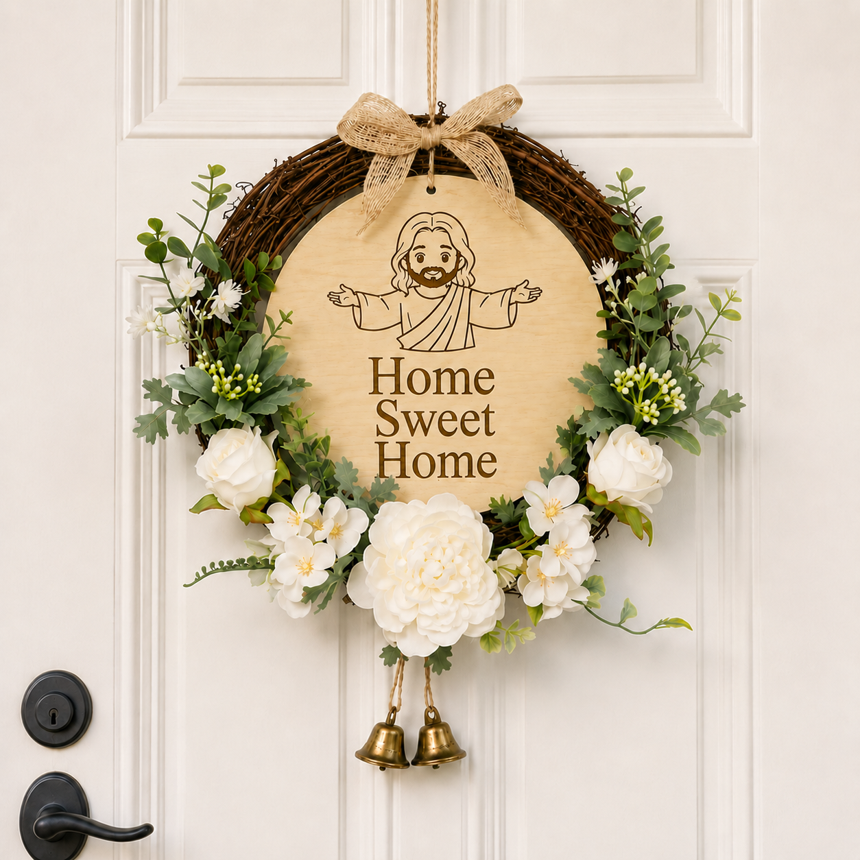 Home Sweet Home, Jesus Welcome Door Sign with Greenery Wreath – Farmhouse Front Door Decor for Indoor & Outdoor Home, Housewarming Gift with Bonus Damage-Free Hook