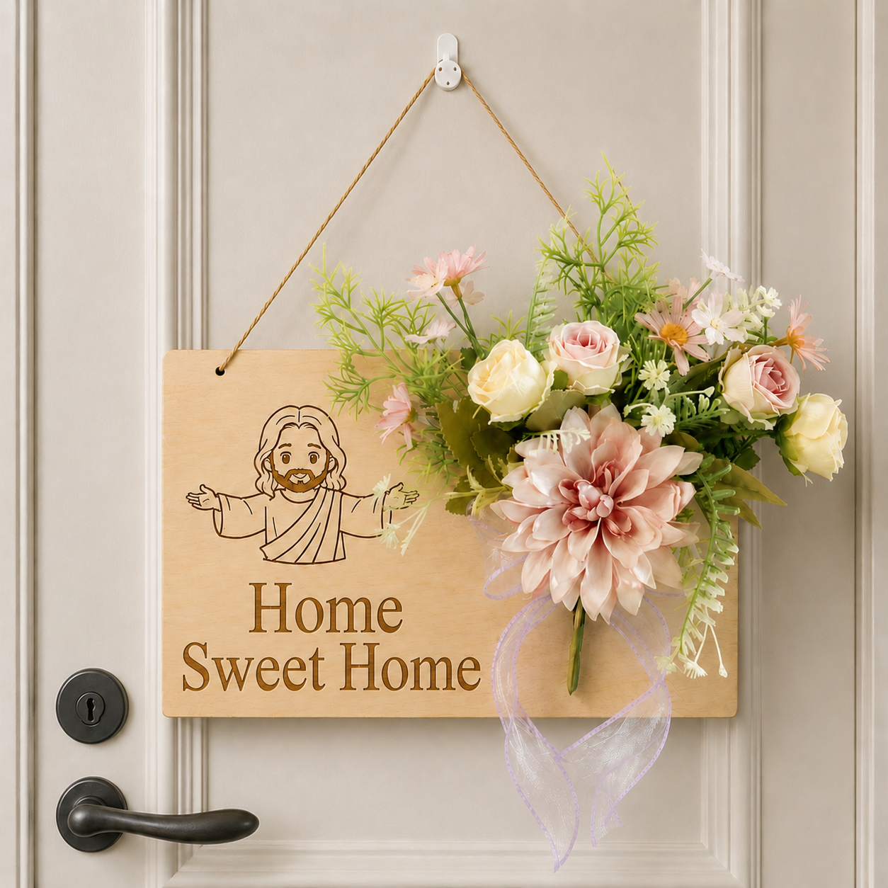 Home Sweet Home, Jesus Welcome Door Sign with Greenery Wreath – Farmhouse Front Door Decor for Indoor & Outdoor Home, Housewarming Gift with Bonus Damage-Free Hook