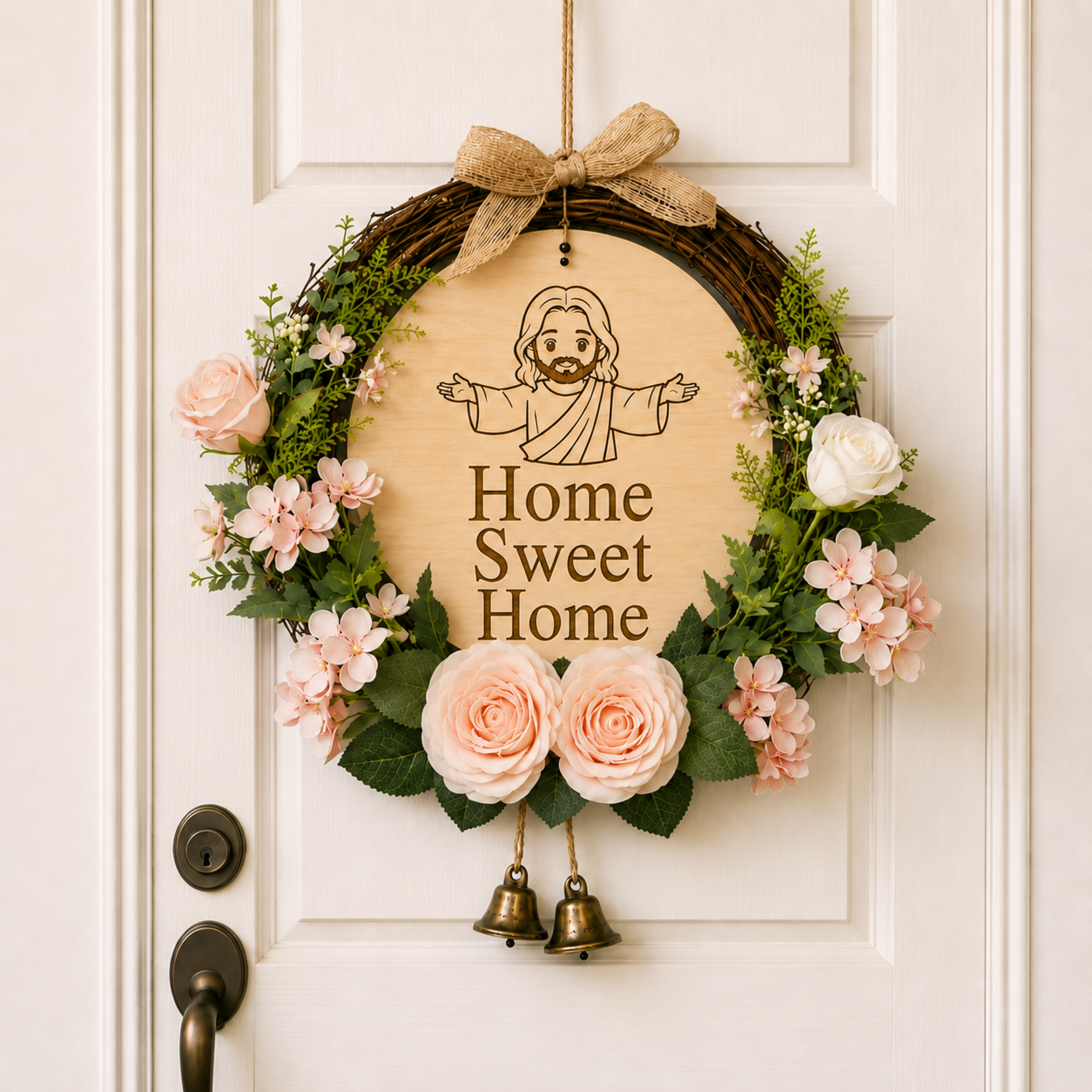 Home Sweet Home, Jesus Welcome Door Sign with Greenery Wreath – Farmhouse Front Door Decor for Indoor & Outdoor Home, Housewarming Gift with Bonus Damage-Free Hook
