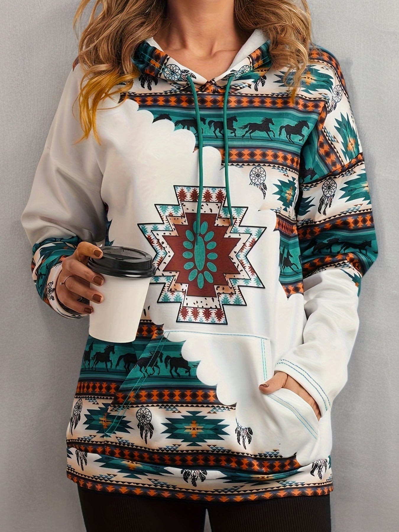 Western Ethnic Print Kangaroo Pocket Hoodie, Casual Long Sleeve Drawstring Hoodies Sweatshirt, Women's Clothing