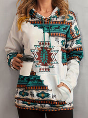 Western Ethnic Print Kangaroo Pocket Hoodie, Casual Long Sleeve Drawstring Hoodies Sweatshirt, Women's Clothing