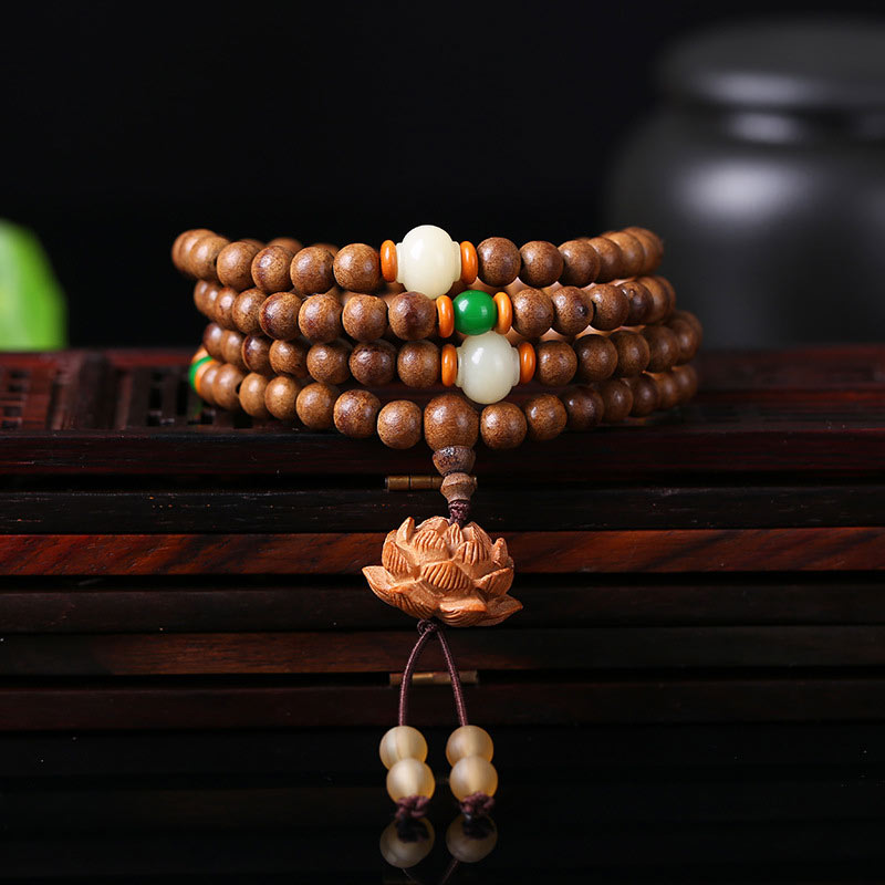 Faith Nova 108 Mala Beads Peach Wood Bodhi Seed Lotus Prayer Meditation Bracelet