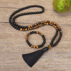 Faith Nova Tibetan Black Onyx Tiger Eye Protection Necklace Mala Set