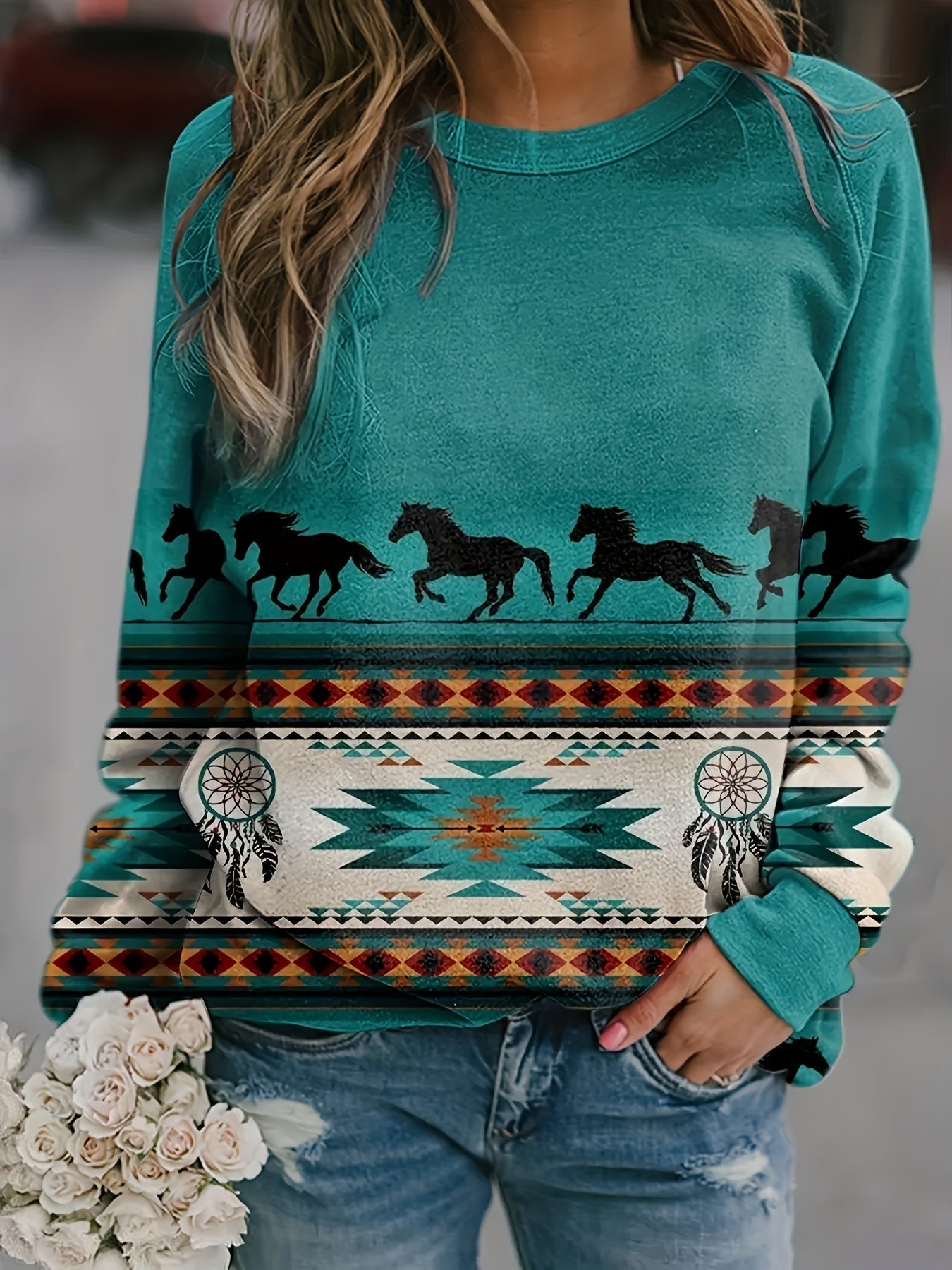 Women's Vintage Aztec Tribal Print Crew Neck Sweatshirt – Soft, Long Sleeve, Perfect for Fall & Winter