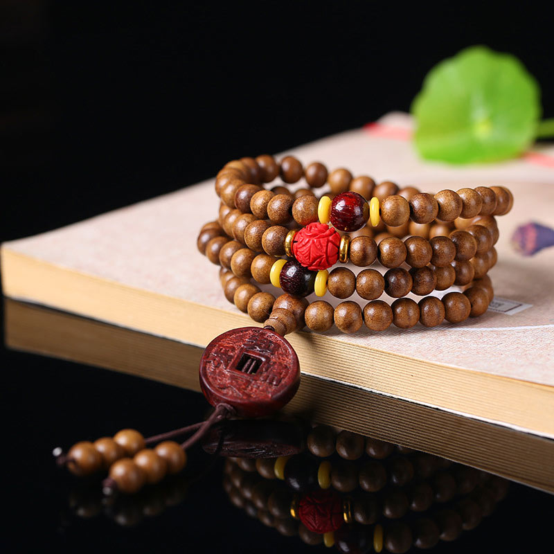 Faith Nova 108 Mala Beads Peach Wood Bodhi Seed Lotus Prayer Meditation Bracelet