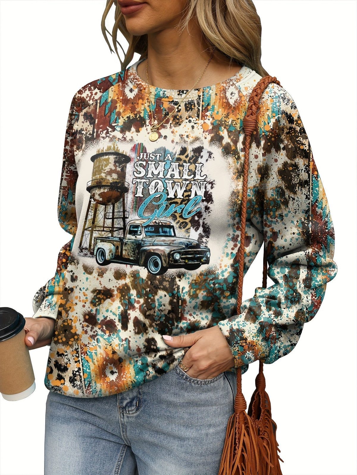 Women's Western Style Car & Slogan Tie Dye Lounge Top – Long Sleeve Crew Neck Pullover for Fall & Winter