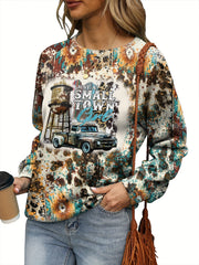Women's Western Style Car & Slogan Tie Dye Lounge Top – Long Sleeve Crew Neck Pullover for Fall & Winter