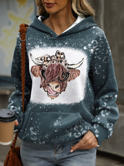 Women's Cow Head Print Hoodie with Kangaroo Pocket, Long Sleeve, and Fleece Lining – Ideal for Daily Wear