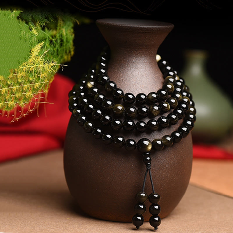 Faith Nova 108 Mala Beads Natural Gold Sheen Obsidian Wealth Bracelet