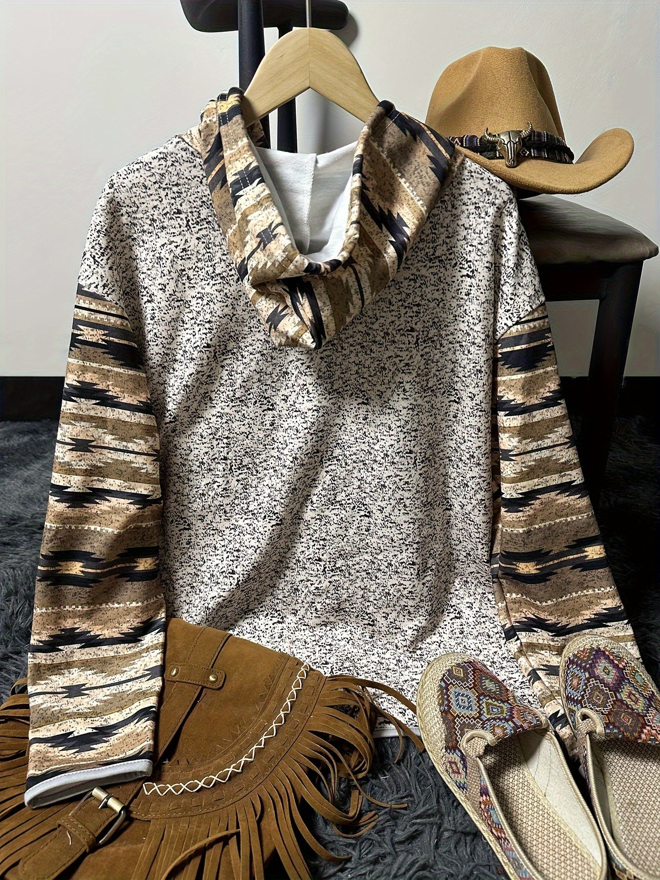 Women's Aztec Print Hoodie with Button Front, Drawstring, and Kangaroo Pocket – Trendy Casual Look